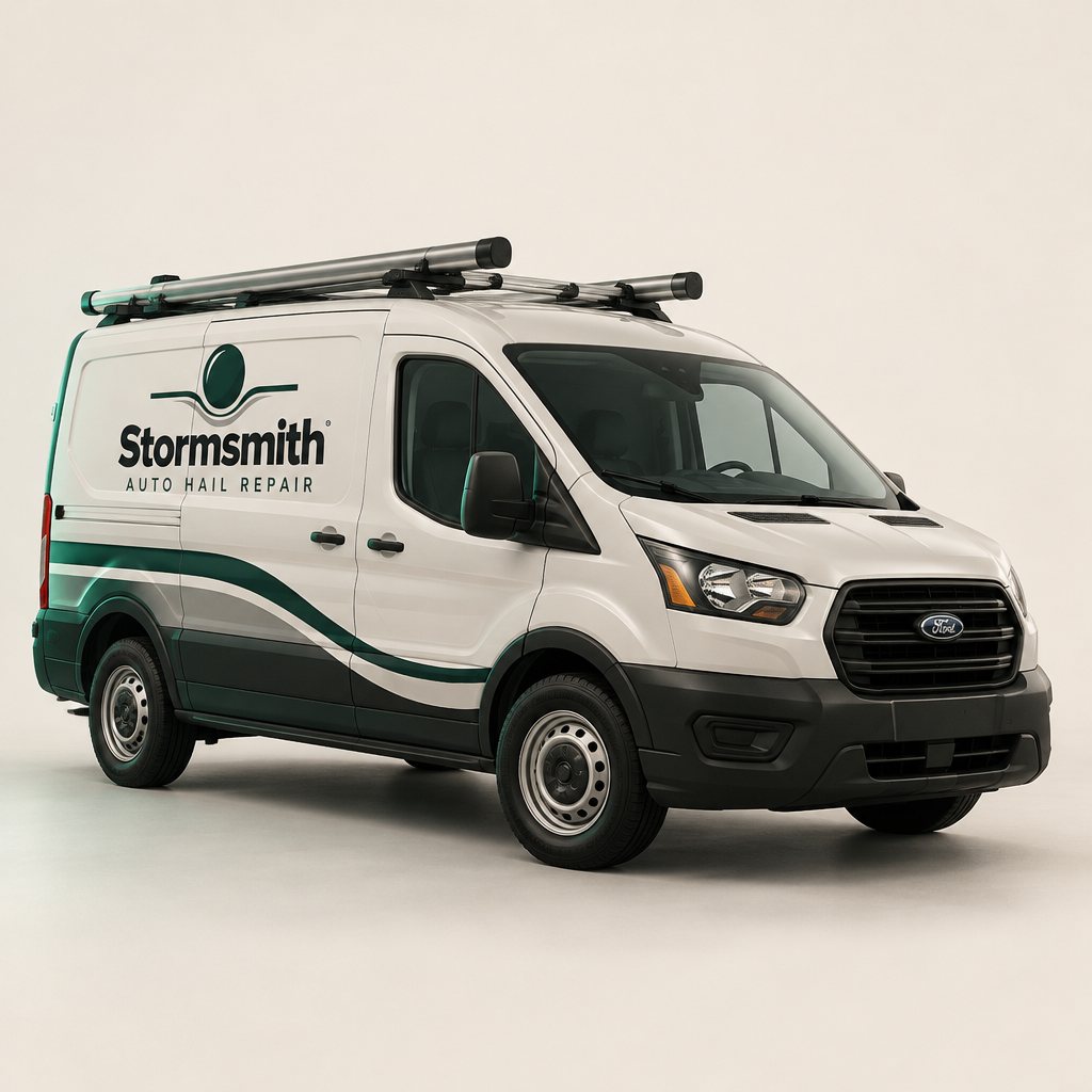 Concept photo: a white service van with the Stormsmith Auto Hail Repair lettering and green stripes